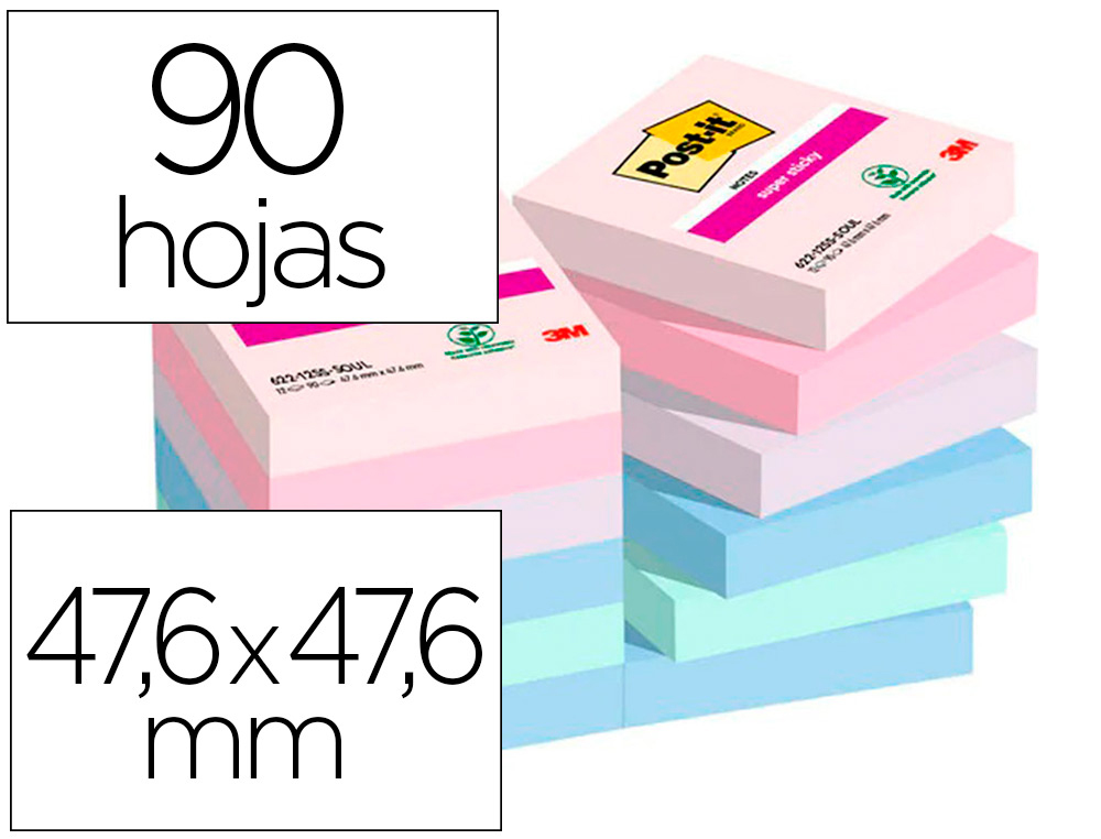 BLOC DE NOTAS ADHESIVAS QUITA Y PON POST-IT SUPER STICKY SOULFUL 47,6X47,6 MM 90 HOJAS 100% PEFC PACK DE 12 UNIDADES