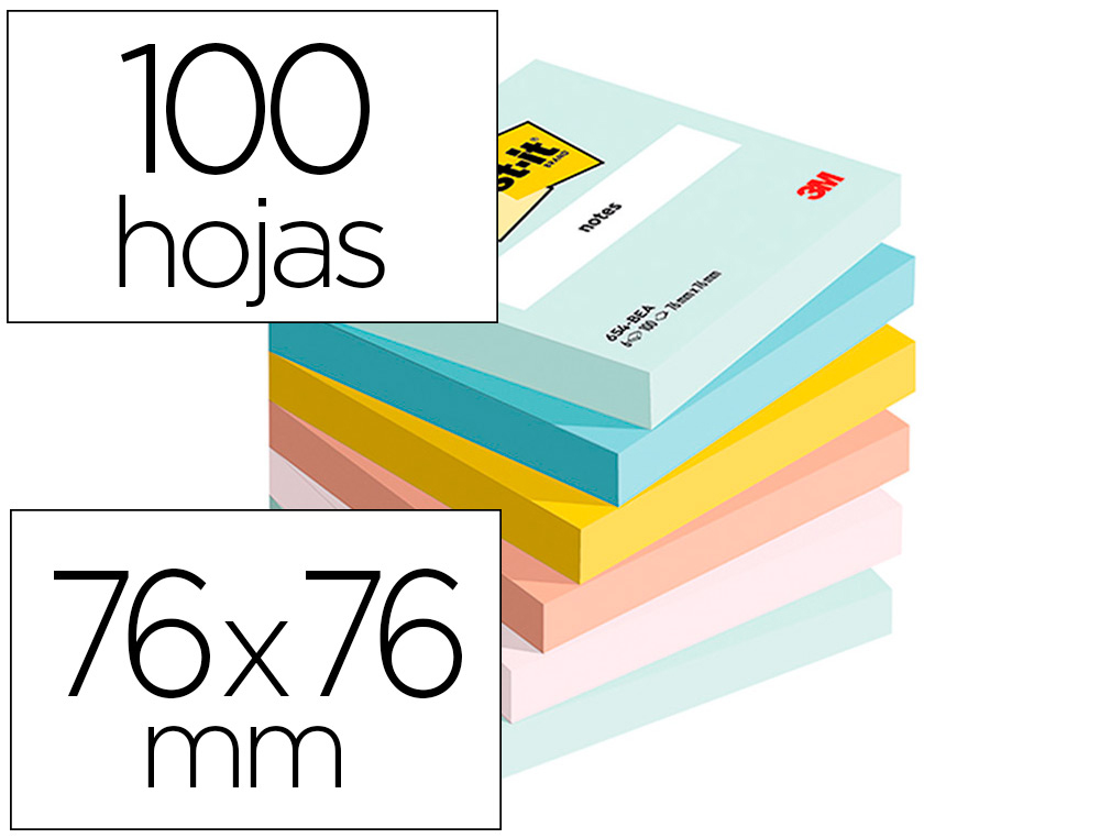 BLOC DE NOTAS ADHESIVAS QUITA Y PON BEACHSIDE 100% PEFC 76X76 MM 100 HOJAS PACK DE 6 UNIDADES