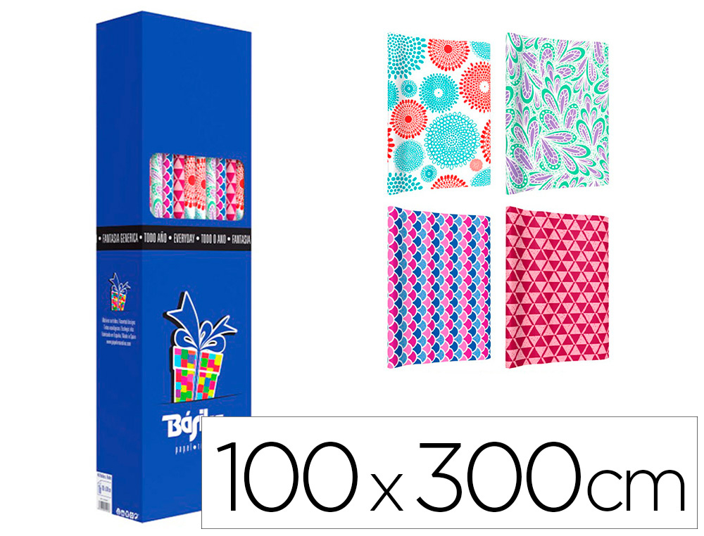 PAPEL DE REGALO BASIKA TODO AÑO ROLLO ANCHO 1 M LONGITUD 3 M MODELOS SURTIDOS GRAMAJE 50 GR
