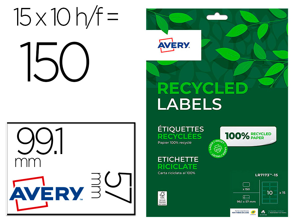 ETIQUETA ADHESIVA AVERY BLANCA PERMANENTE RECICLADA 100% PARAIMPRESORA LASER 99,1X57 MM CAJA DE 150 UNIDADES
