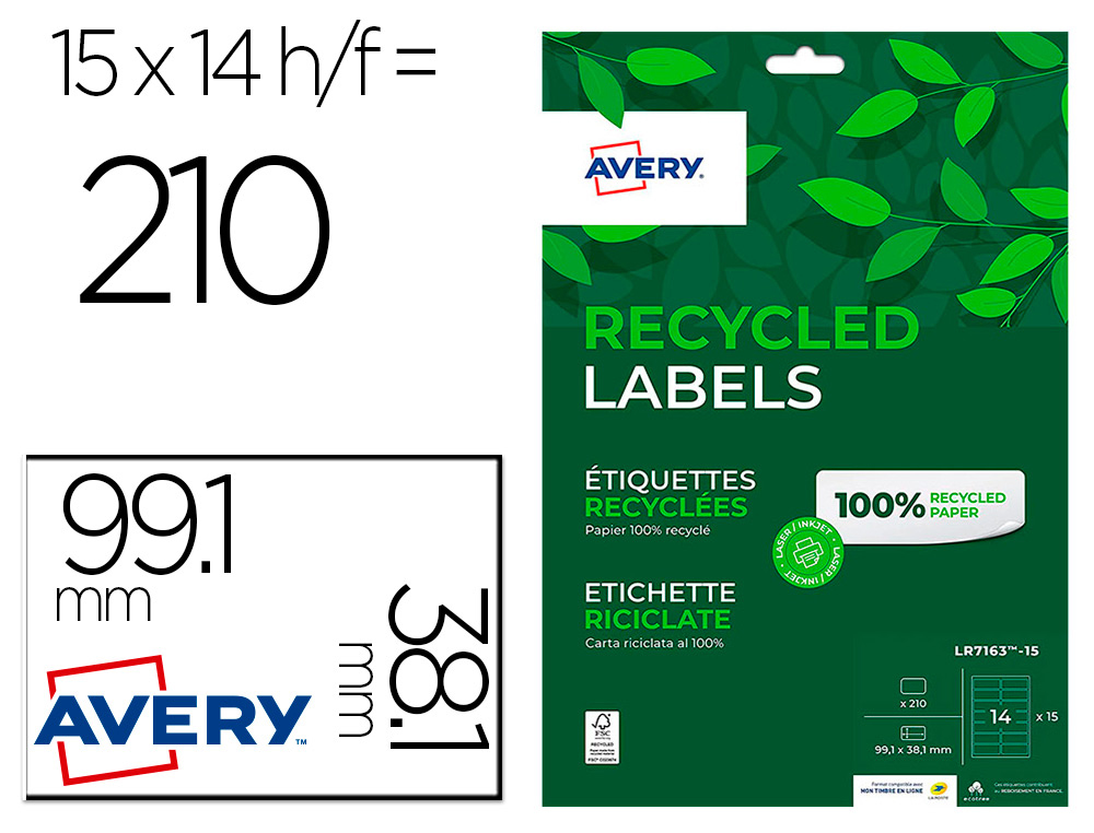 ETIQUETA ADHESIVA AVERY BLANCA PERMANENTE RECICLADA 100% LASER 99,1X38,1 MM CAJA DE 210 UNIDADES
