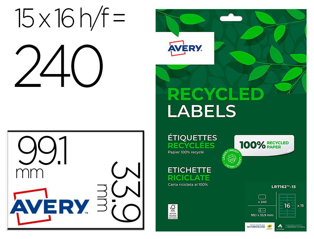 ETIQUETA ADHESIVA AVERY BLANCA PERMANENTE RECICLADA 100% PARA IMPRESORA LASER 99,1X33,9 MM CAJA DE 240