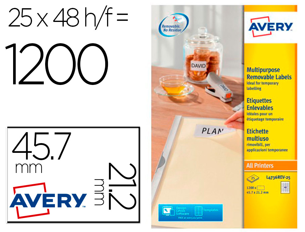 ETIQUETA ADHESIVA AVERY BLANCA REMOVIBLE PARA LASER INK-JET FOTOCOPIADORA 45,7X 21,2 MM CAJA DE 1200 UNIDADES