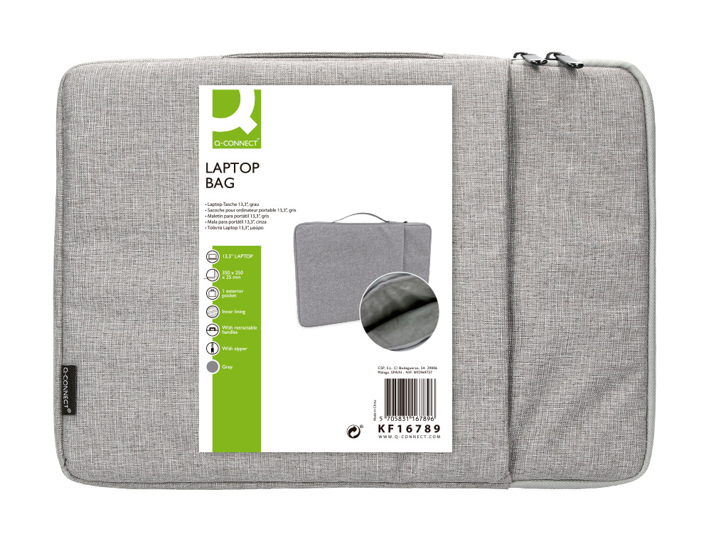 FUNDA PARA PORTATIL Q-CONNECT 13,3\&quot; CON ASA 1 BOLSILLO EXTERIOR CON CREMALLERA COLOR GRIS 350X250X25 MM