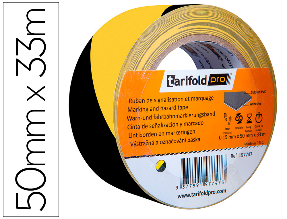 CINTA ADHESIVA TARIFOLD SEGURIDAD PARA MARCAJE Y SEÑALIZACION DE SUELO 33 MT X 50 MM COLOR NEGRO/AMARILLO