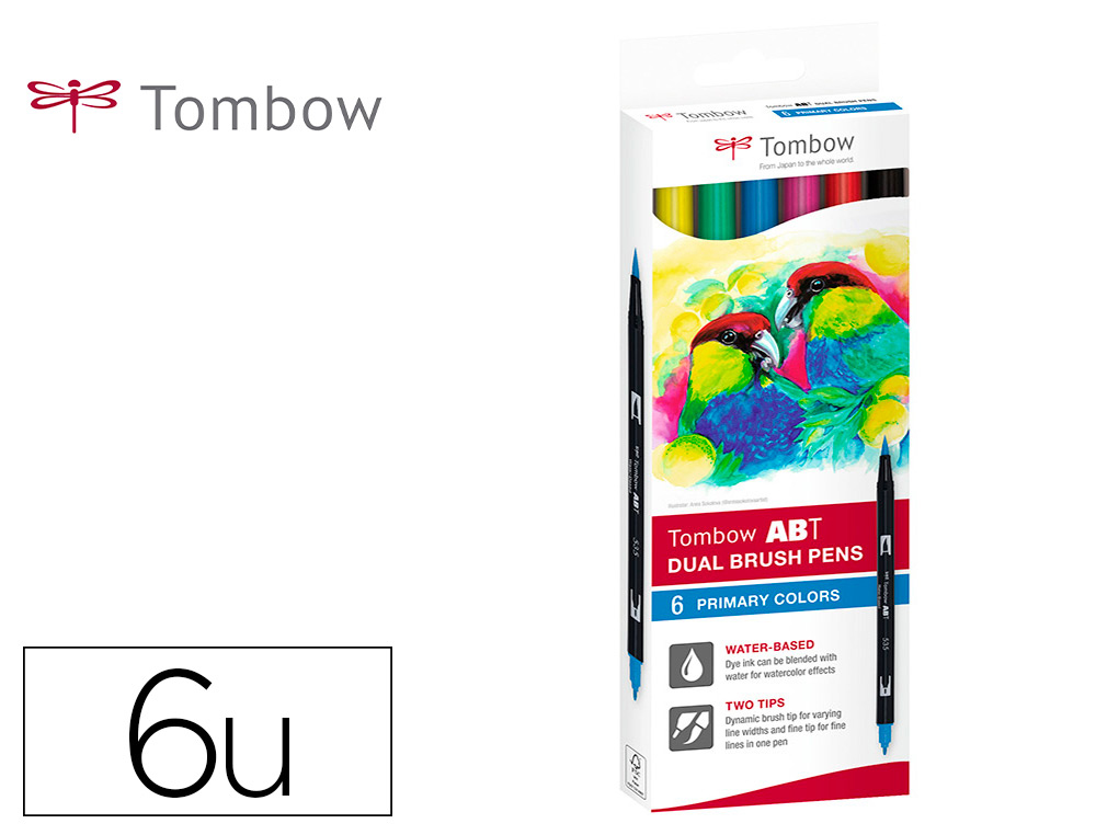 ROTULADOR TOMBOW ACUARELABLE DOBLE PUNTA FINA/PINCEL COLORES PRIMARIOS CAJA DE 6 UNIDADES COLORES SURTIDOS