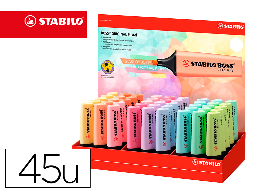 ROTULADOR STABILO BOSS FLUORESCENTE 70 PASTEL EXPOSITOR DE 45 UNIDADES COLORES SURTIDOS