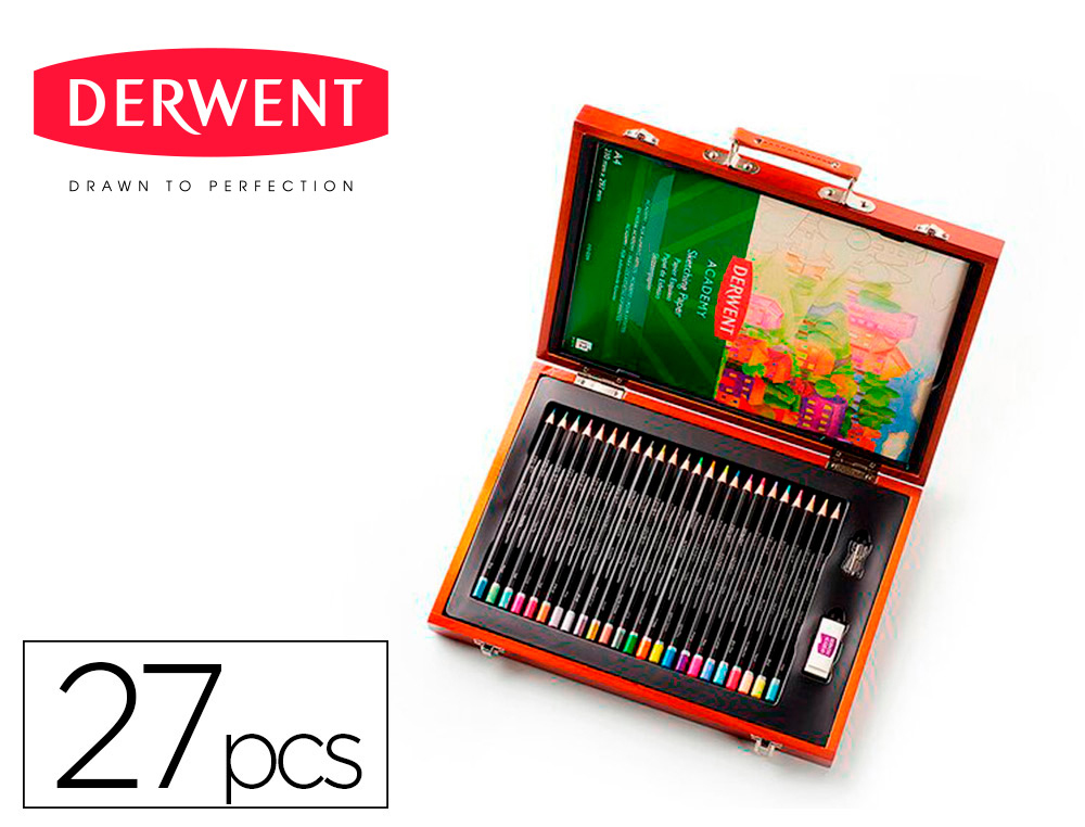 ESTUCHE DE PINTURA DERWENT ACADEMY MADERA LAPICES DE COLORES 27 PIEZAS