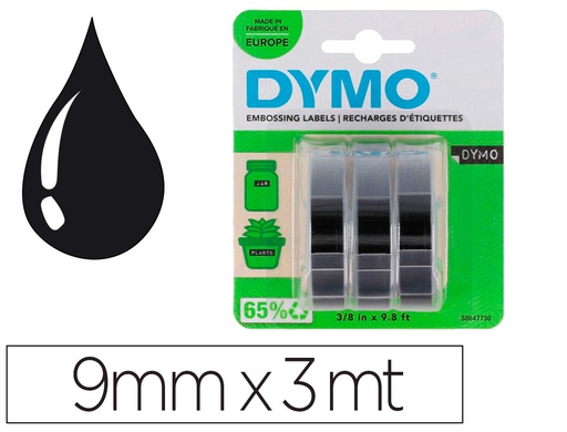 [S0847730] CINTA DYMO 3D 9MM X 3MT PARA ROTULADORA OMEGA/JUNIOR COLOR NEGRO BLISTER 3 UNIDADES