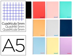 [TH69] CUADERNO ESPIRAL LIDERPAPEL A5 WONDER TAPA PLASTICO 80H 90GR CUADRO 5MM CON MARGEN COLORES SURTIDOS