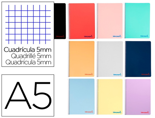 [TH69] CUADERNO ESPIRAL LIDERPAPEL A5 WONDER TAPA PLASTICO 80H 90GR CUADRO 5MM CON MARGEN COLORES SURTIDOS