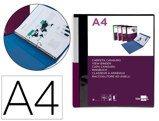 [KG48] CARPETA LIDERPAPEL CANGURO 2 ANILLAS 25 MM MIXTAS POLIPROPILENO DIN A4 NEGRO OPACO