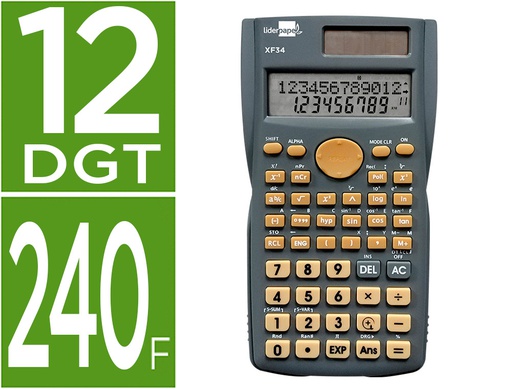 [XF34] CALCULADORA LIDERPAPEL CIENTIFICA XF34 12 DIGITOS 240 FUNCIONES CON TAPA SOLAR Y PILAS COLOR GRIS 156X85X20