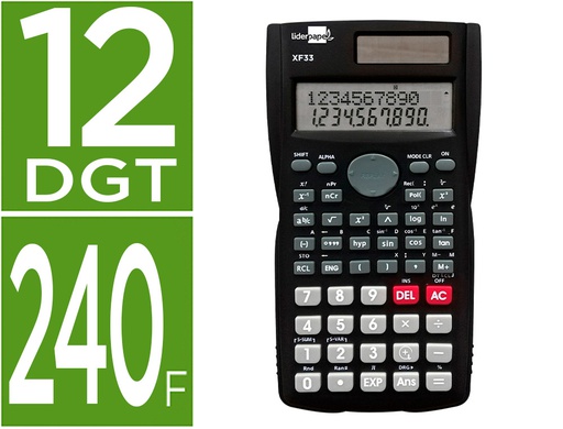 [XF33] CALCULADORA LIDERPAPEL CIENTIFICA XF33 12 DIGITOS 240 FUNCIONES CON TAPA SOLAR Y PILAS COLOR NEGRO 156X85X20