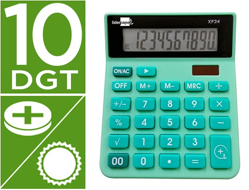 [XF24] CALCULADORA LIDERPAPEL SOBREMESA XF24 10 DIGITOS SOLAR Y PILAS COLOR VERDE 127X105X24 MM