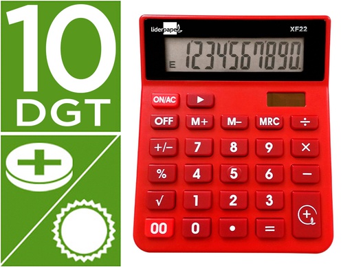 [XF22] CALCULADORA LIDERPAPEL SOBREMESA XF22 10 DIGITOS SOLAR Y PILAS COLOR ROJO 127X105X24 MM