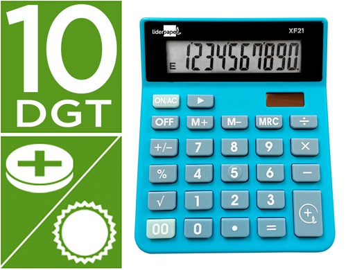 [XF21] CALCULADORA LIDERPAPEL SOBREMESA XF21 10 DIGITOS SOLAR Y PILAS COLOR AZUL 127X105X24 MM