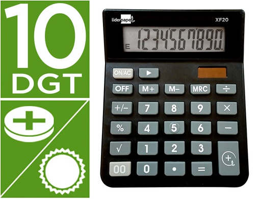 [XF20] CALCULADORA LIDERPAPEL SOBREMESA XF20 10 DIGITOS SOLAR Y PILAS COLOR NEGRO 127X105X24 MM