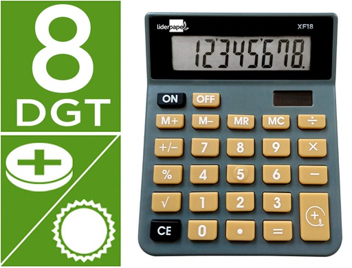 [XF18] CALCULADORA LIDERPAPEL SOBREMESA XF18 8 DIGITOS SOLAR Y PILAS COLOR GRIS 127X105X24 MM