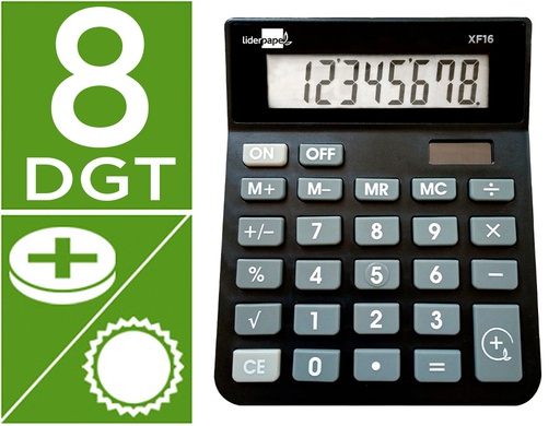 [XF16] CALCULADORA LIDERPAPEL SOBREMESA XF16 8 DIGITOS SOLAR Y PILAS COLOR NEGRO 127X105X24 MM