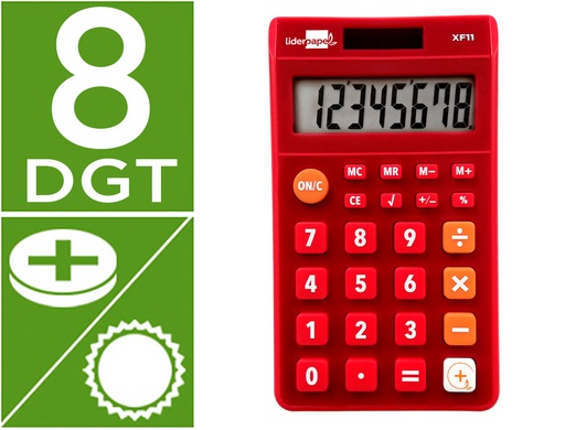 [XF11] CALCULADORA LIDERPAPEL BOLSILLO XF11 8 DIGITOS SOLAR Y PILAS COLOR ROJO 115X65X8 MM