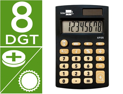 [XF05] CALCULADORA LIDERPAPEL BOLSILLO XF05 8 DIGITOS SOLAR Y PILAS COLOR NEGRO 98X62X8 MM