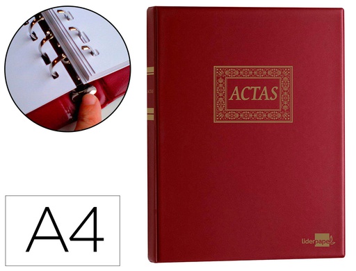 [AT02] LIBRO LIDERPAPEL DIN A4 ACTAS 15 ANILLAS CON 100 HOJAS MOVIBLES TALADRADAS Y NUMERADAS COLOR BURDEOS