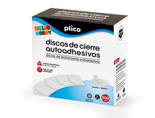 [13338] DISCO DE CIERRE PLICO VELCRO AUTOADHESIVO 20 MM DIAMETRO COLOR BLANCO CAJA DE 200 UNIDADES