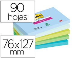 [7100258790] BLOC DE NOTAS ADHESIVAS QUITA Y PON POST-IT SUPER STICKY OASIS 76X127 MM 90 HOJAS 100% PEFC PACK DE 5 UNIDADES