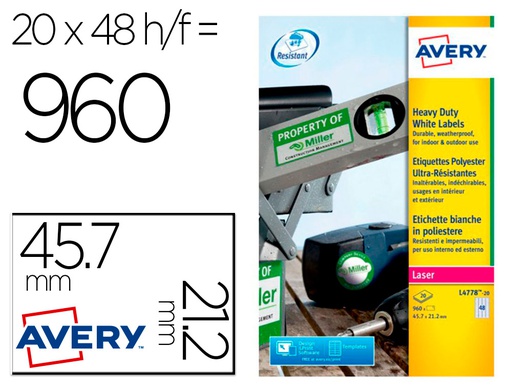 [L4778-20] ETIQUETA ADHESIVA RESISTENTE AVERY POLIESTER BLANCO LASER 45,7X21,2 MM CAJA DE 960 UNIDADES