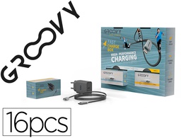 [PK8-GR-KITFAST-4AP4TY-C11] EXPOSITOR GROOVY SOBREMESA 4 CABLES APPLE LIGHTNING + 4 CABLES TIPO C + 8 CARGADORES CARGA RAPIDA