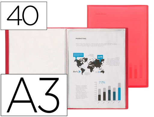 [EC51] CARPETA LIDERPAPEL ESCAPARATE 40 FUNDAS POLIPROPILENO DIN A3 ROJO TRANSLUCIDO