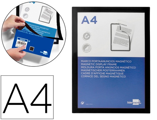 [MA03] MARCO PORTA ANUNCIOS LIDERPAPEL MAGNETICO DIN A4 DORSO ADHESIVO REMOVIBLE COLOR NEGRO