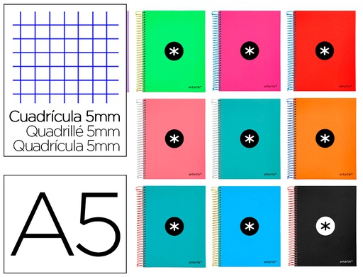 [KD64] CUADERNO ESPIRAL A5 MICRO ANTARTIK TAPA FORRADA120H 90GR CUADRO 5MM 5 BANDAS 6 TALADROS COLORES SURTIDOS