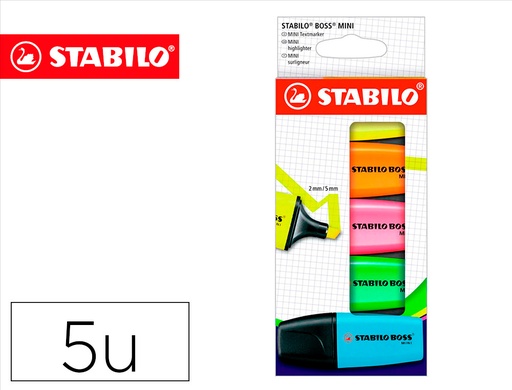 [07/5-2-01] ROTULADOR STABILO BOSS MINI ESTUCHE DE 5 UNIDADES AMARILLO /AZUL/NARANJA/ROSA/VERDE