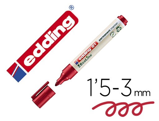 [21-02] ROTULADOR EDDING 21 MARCADOR PERMANENTE ECOLINE 90% RECICLADO COLOR ROJO PUNTA REDONDA 1,5-3 MM RECARGABLE