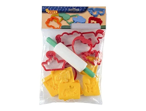 [7/6R] JUEGO JOVI RODILLO PARA PLASTILINA + 12 MOLDES FORMAS SURTIDAS