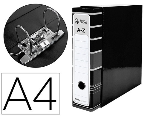 [AZ15] ARCHIVADOR DE PALANCA LIDERPAPEL A4 FILING SYSTEM FORRADO SIN RADO LOMO 80MM NEGRO CON CAJA Y COMPRESOR METALICO
