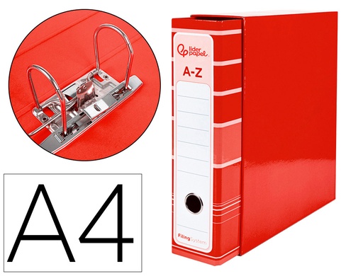 [AZ16] ARCHIVADOR DE PALANCA LIDERPAPEL A4 FILING SYSTEM FORRADO SIN RADO LOMO 80MM ROJOCON CAJA Y COMPRESOR METALICO