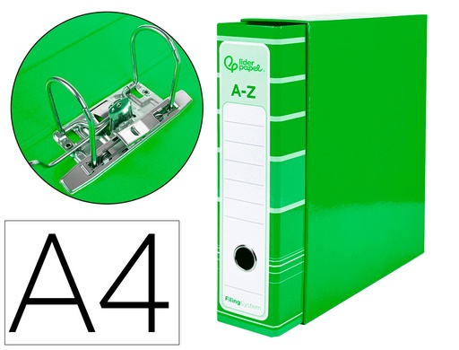 [AZ17] ARCHIVADOR DE PALANCA LIDERPAPEL A4 FILING SYSTEM FORRADO SIN RADO LOMO 80MM VERDE CON CAJA Y COMPRESOR METALICO