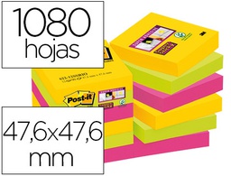 [70005271518] BLOC DE NOTAS ADHESIVAS QUITA Y PON POST-IT SUPER STICKY 47,6X47,6 MM CON 90 HOJAS PACK DE 12 BLOC COLORES