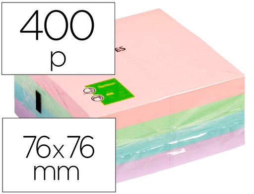 [KF01347] BLOC DE NOTAS ADHESIVAS QUITA Y PON Q-CONNECT 76X76 MM PASTEL CON 400 HOJAS