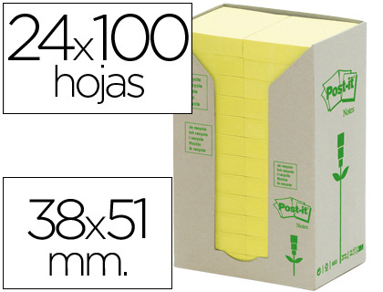 [FT510110388] BLOC DE NOTAS ADHESIVAS QUITA Y PON RECICLADA EN TORRE POST-IT 38 X 51 MM 24 BLOCS 653 RECICLADO