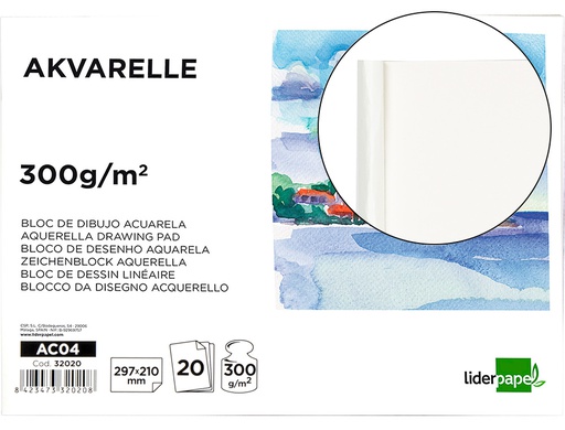 [AC04] BLOC DIBUJO LIDERPAPEL ACUARELA ENCOLADO 210X297MM 20 HOJAS 300G/M2 SIN RECUADRO