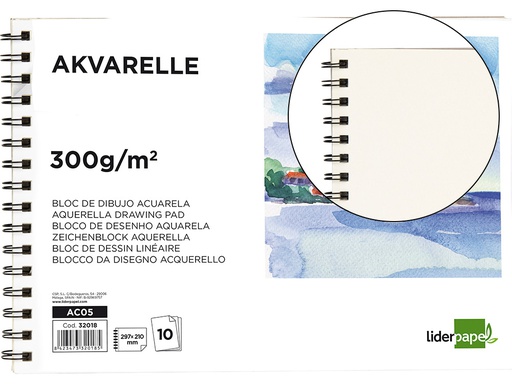[AC05] BLOC DIBUJO LIDERPAPEL ACUARELA ESPIRAL 297X210MM 10 HOJAS 300G/M2 SIN RECUADRO