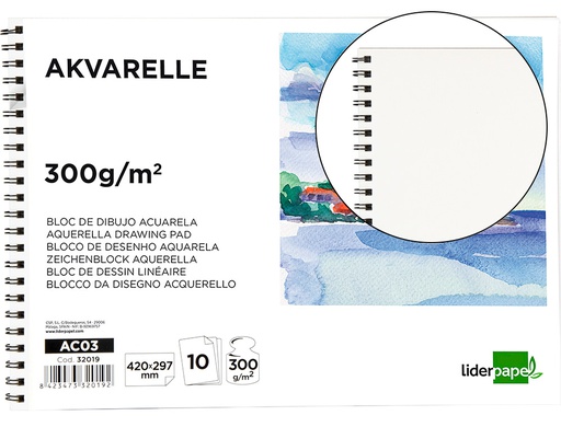 [AC03] BLOC DIBUJO LIDERPAPEL ACUARELA ESPIRAL 297X420MM 10 HOJAS 300G/M2 SIN RECUADRO