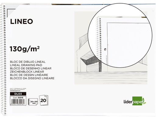 [DL03] BLOC DIBUJO LIDERPAPEL LINEAL ESPIRAL 230X325MM 20 HOJAS 130GR/M2 CON RECUADRO 2 TALADROS PERFORADO