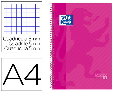 [100430270] BLOC ESPIRAL OXFORD EUROPEAN BOOK TAPA EXTRADURA DIN A4 80 HOJAS CUADRICULA 5 MM COLOR ROSA