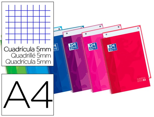 [100430543] BLOC ESPIRAL OXFORD TAPA EXTRADURA MICROPERFORADO DIN A4 80 HOJAS CUADROS 5MM COLORES SURTIDOS