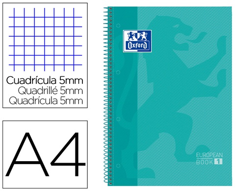[400040983] BLOC ESPIRAL OXFORD TAPA EXTRADURA MICROPERFORADO DIN A4 80 HOJAS CUADROS 5 MM COLOR MENTA HIELO